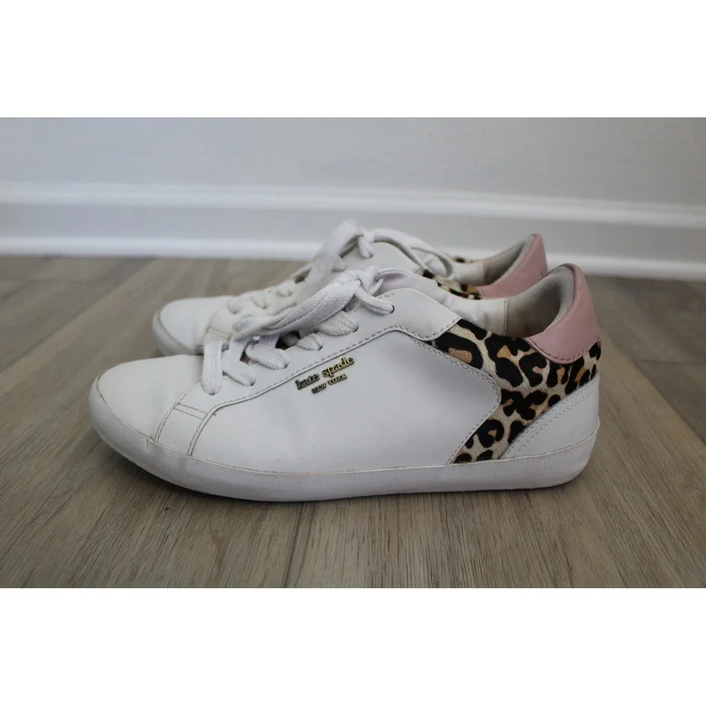 Kate Spade White Leather Leopard Calf Hair‎ Pink Trim Low Top Sneakers Size 8.5